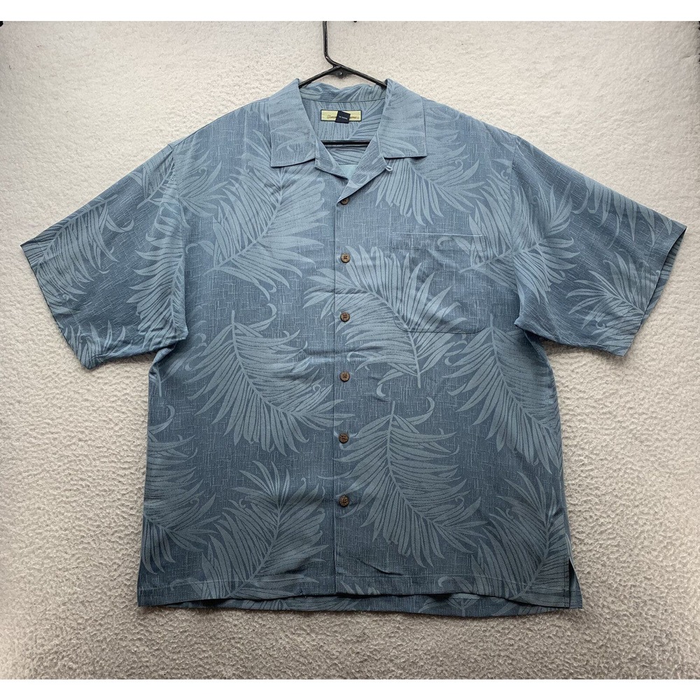 Tommy Bahama Silk Hawaiian Shirt Mens Large L Blue Subtle Palms Floral Dad